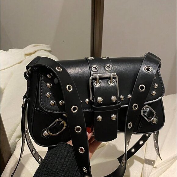 Women’s Faux Leather Rivet Studded Buckle Punk Underarm Clutch Bag - Picture 5 of 6